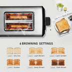 Toaster 2 Slice, Wide Slot Stainless Steel Toaster with 6 Browning Levels, Reheat & Defrost, for Bagel, Toast, Bread, Kitchen Essentials, Removable Crumb Tray (sliver)