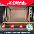 BAKKEN 3-Piece Kitchen Baking Pans - Small, Medium, and Large Cookie Pan, With Nonstick Coating, Stackable and Space-saving Design, PFOA, PFOS, PTFE Free, Oven Safe Tray (Up To 450°F), Brown