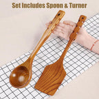 13.7" Long Wooden Spoons for Cooking and Wooden Spatulas for Cooking, Non-Stick Wooden Kitchen Utensils Set