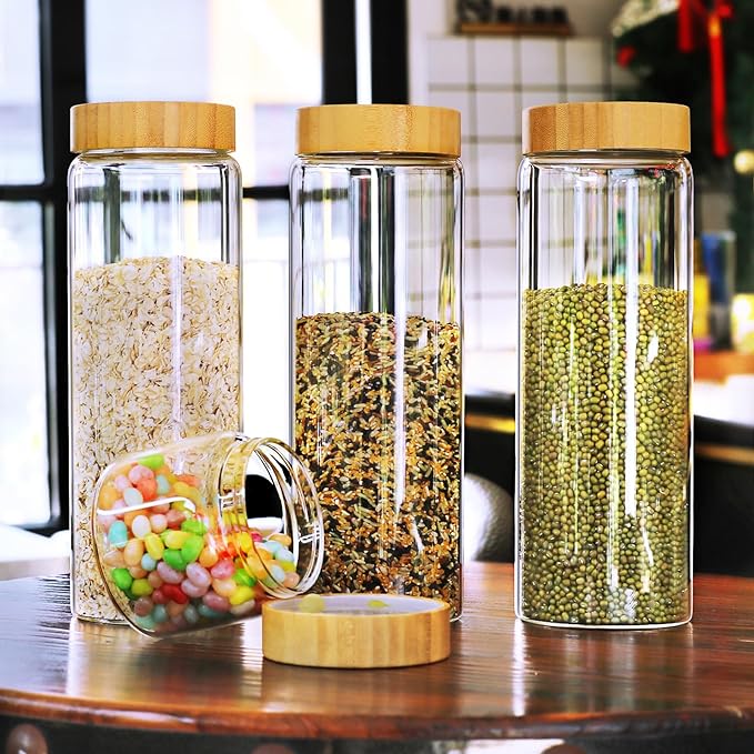 Glass Jars with Airtight Lid,Glass Jar with Bamboo Lid,Glass Canisters with Airtight Lids, 3 Pack 80oz Glass Cereal Containers Storage,Glass Cookie Jars,Pasta Containers,Screw On Kitchen Jars