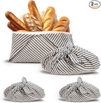 yeload 2 Pack Beeswax Bread Bags, Striped Linen Bento Bags, 14" Cotton Loaf Bag, Reusable Organic Food Storage, Sourdough Bag, Rustic Farmhouse Azuma Bukuro Origami Wrap for Baked Gifts (Black, 2)