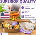 Everusely - Bento Box - Lavender, 60oz / 1.8 L - Stainless Steel Lunch Box with Leakproof Condiment Container - 3 Compartment Snack Organizer for On the Go Meals - Freezer & Dishwasher Safe