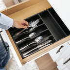 KitchenEdge Silverware Organizer - Cutlery, Flatware, and Utensil Holder for Kitchen Drawers, Fixed 10.5” Width, 7 Storage Compartments, Non-Slip Feet, Rounded Corners, 100% Bamboo, Black Finish