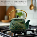 YJX Cast Iron Teapot and Tea Cups Set, 33.8oz Hexagon Pattern Tea Set with Cups and Cup Mats, Enameled Tea Kettle for Stovetop, Durable Tea Pot Set with Stainless Steel Infuser for Loose Leaf