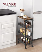 VASAGLE Slim Rolling Cart, 4-Tier Storage Cart, Narrow Cart with Handle, 8.7 Inches Deep, Metal Frame, for Kitchen, Dining Room, Living Room, Home Office, Rustic Brown and Classic Black ULRC033B01