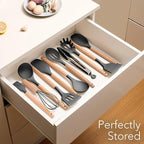 11-Piece Silicone Kitchen Utensils Set with Non Toxic Spatula, Tongs, Whisk, Turner & Ladle – Heat Resistant, Non-Scratch Cooking Tools with Wooden Handles, BPA-Free, Dishwasher Safe (Black)