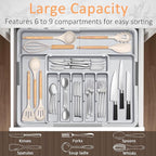 Silverware Organizer Expandable Kitchen Drawer Organizer Adjustable 22"x 19" Utensil Organizer with Rubber Feets Cutlery Drawer Organizer for Spoons Forks Knives Kitchen Organizers and Storage Grey