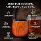 Premium Charred Wooden Whiskey Bourbon Drinking Glasses | Whisky Gifts for Men, Dad, or Brother | Handcrafted Old Fashioned Glasses Tumblers with 6 Stainless Steel Ice Cubes and Tongs | Set of 2