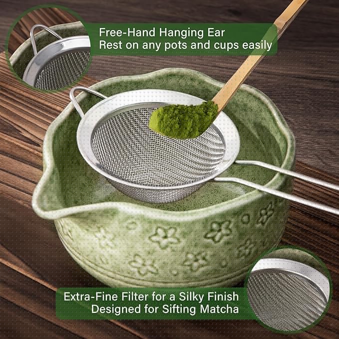 ALBISS Matcha Whisk Set - 7 Pcs Ceramic Matcha Kit with 18oz Spout Bowl & Cherry Blossom Design, Bamboo Whisk & Holder, Scoop, Rest, Sifter, Towel, Elegant Japanese Tea Gift Set for Macha Lover, Green