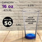 Custom Libbey Pint Glass 16 oz. Set of 50, Personalized Bulk Pack - Beer Glasses, Heavy Duty Drinkware - Blue