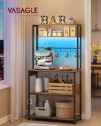VASAGLE Coffee Bar with LED Lights, Kitchen Bakers Rack with Power Outlet, Microwave Stand with Adjustable Shelves, 8 Hooks, 15.7 x 31.5 x 65.7 Inches, Rustic Brown and Matte Black UKKS050K01