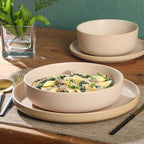 Gibson Elite Pasco 16 Piece (Service for 4) Plates and Bowls Double Bowl Reactive Glaze Dishes Stoneware Ceramic Dinnerware Set - Cream