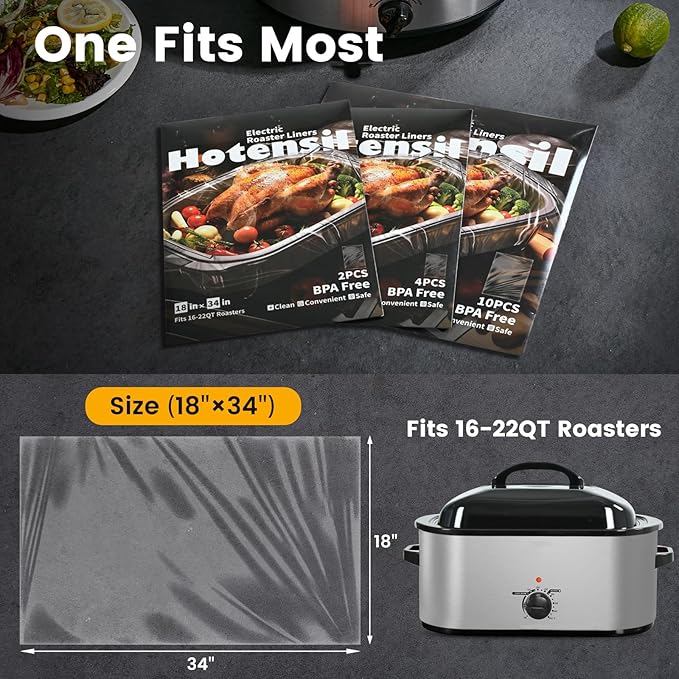Electric Roaster Liners & Slow Cooker Liners, 10 Count 34 x 18 Inch Universal Fit for 16-22 Quart Roasters, Mess-Free Cooking, Disposable Oven Liners for Easy Cleanup, Cooking Bag
