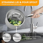 Cyrosa 2.5 Quart Saucepan with Strainer Lid, Stainless Steel Sauce Pot, Sauce Pan for Stove Top, Two Side Spouts for Easy Pour, Dishwasher Safe