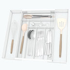 Silverware Organizer Metal Mesh, Large Drawer Organizer, Utensil Cutlery Tray for kitchen drawers, Expandable Flatware Organizer with 8 Compartment White 11.6"~20" x 17.3"