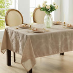 Newbridge Barcelona Luxury Damask Fabric Tablecloth, 52” Wide x 70” Rectangle, Golden Beige, 100% Polyester, No Iron, Soil Resistant Dining Room, Party and Banquet Table Cover