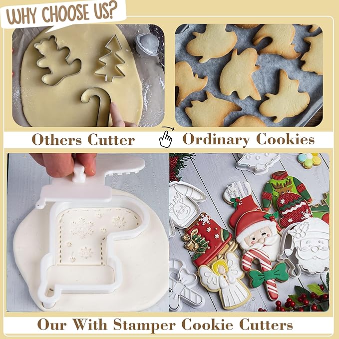 Flycalf Christmas Cookie Cutters House Shapes with Plunger Stamps Holiday PLA Baking Accessories Cutter Molds Gifts Decorative Party 3.5" Kitchen Cake Supplies