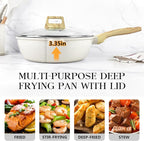 GiPP Nonstick Deep Frying Pan - 11 Inch Saute Pan with Lid Granite Induction Cookware, 4.5Qt Non Stick Woking Pan Skillet, PFOA PFOS APEO Free, White