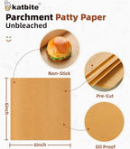Katbite 300Pcs 6x6 Inches Patty Paper, Burger Patty Paper, Unbleached Parchment Sheets, Heavy Duty & Non-Stick, Squares for Seperating Patty, Cookies, Storing Foods Wrapping Candies