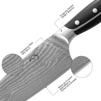 Damascus Kitchen Knife Set with Block - Razor Sharp 67-Layer VG10 Steel, Triple Rivet Handles, Chef, Santoku, Utility, Bread & Paring Knives, Sharpener, Shears, Grey, 9 Pcs