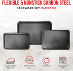 3 Piece Set Nonstick Carbon Steel Oven Bakeware -Professional Quality Kitchen Cooking Baking Trays -PFOA, PFOS, PTFE-Free Small, Medium & Large Baking Sheet Pans