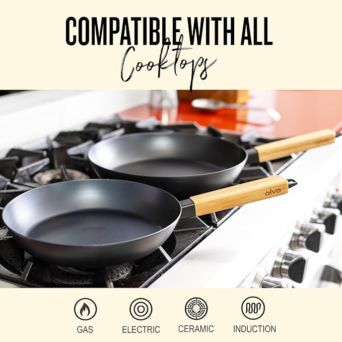 Alva Forest 9.5" Carbon Steel Frying Pan – Naturally Nonstick, Pre-Seasoned, with Acacia Wood Handle, Made Without PTFE, PFOA, PFAS – Sustainable Belgian Design, Induction & All-Stovetop Safe