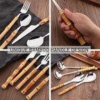Bamboo Silverware Set, 24-Piece Natural Bamboo Flatware Cutlery with Stainless Steel Silver Head, Includes Knife, Fork, Spoon for Daily Use and Party, Reusable