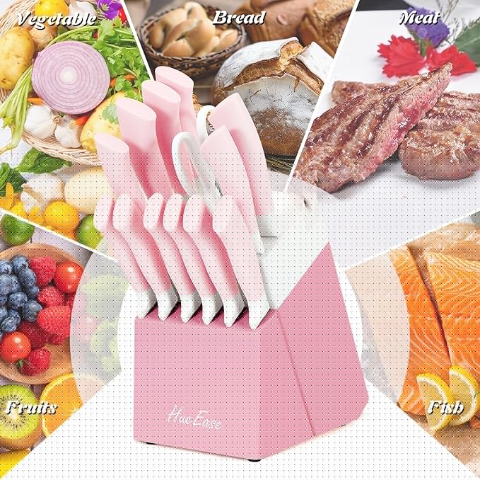 14 Pieces Knife Set with Block, Ceramic White Coating, High Carbon Stainless Steel Sharp Blade Block Knife Set, Dishwasher Safe Cutlery, Colliding Pink