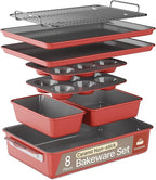 Bakken 8-Piece Ceramic Coated Bakeware Sets, Nonstick Aluminized Steel Pans with Muffin, Loaf, Cake, Roasting Pan, & Cooling Rack, Oven Safe Up To 500°F, Dishwasher Safe, BPA, PTFE & PFAS Free, Pink