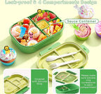 Bento Lunch Box Leakproof 44oz Kids Lunch Box Containers with 4 Compartment, Bento-Style Lunch Bento Box with Cutlery, Reusable Kid Back to School Meal/Snack Packing BPA Free (Green)