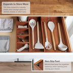 KitchenEdge Adjustable Kitchen Drawer Organizer for Utensils and Junk, Food-Safe Contract Grade with 100% Sustainable Wood, Non-Slip, Expandable from 10.5 to 18.5 Inches Wide - Natural Acacia