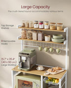 VASAGLE Bakers Rack with Power Outlet, 35.4 Inches Microwave Stand, Coffee Bar, 4 AC Outlets, with Adjustable Shelves, 8 S-Hooks, Basket, Spice Racks, Golden Oak and Cloud White UKKS031Y09