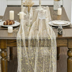 Artoid Mode 6Pcs Beige Gold Gauze Table Runner 120 Inch 10FT, Glitter Metallic Foil Sheer Dining Wedding Anniversary Holiday Birthday Table Decor for Home Party