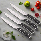 DURA LIVING 4-Piece Serrated Kitchen Steak Knife Set – Forged High Carbon Stainless Steel, Ultra Sharp, Ergonomic Black Handles, Durable Dinner Knives, Black Handle