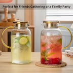 2 PACK Glass Pitcher with Lid, 68 oz/ 2 Liter Classic Vertical Stripes Water Pitcher with Handle,Glass Water Carafe for Cold Brew, Coffee, Lemonade, Iced Sun Tea,Beverage,Heat Resistant