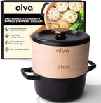 Alva Nori 2.6-Qt Enameled Cast Iron Dutch Oven Steamer Set – Made With No PTFE/PFOA/PFAS, Oven & Induction Safe – 3-Layer Enamel, No Seasoning Needed – Durable, Easy-Clean Cocotte with 2 Steamer Inserts