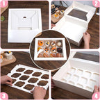 VGOODALL 12 Count Cupcake Boxes, 12PCS Cupcake Holder with Window White Pastry Boxes for Birthday Holiday Party Bakery Supplies