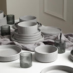 Stone Lain Haven Stoneware 16-Piece Dinnerware Set, Plates and Bowls Sets for 4, Grey Dish Set, Includes Dinner and Salad Plates, Cereal Bowls, Glassware, Microwave & Dishwasher Safe