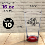 Custom Libbey Pint Glass 16 oz. Set of 10, Personalized Bulk Pack - Beer Glasses, Heavy Duty Drinkware - Red