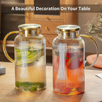 2 PACK Glass Pitcher with Lid, 68 oz/ 2 Liter Amber Classic Vertical Stripes Water Pitcher,Glass Water Carafe for Cold Brew, Coffee, Lemonade, Iced Sun Tea,Beverage, Heat Resistant