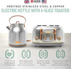 Haden Heritage 4 Slice Wide Slot Stainless Steel Toaster Bundled with 1.7 Liter Stainless Steel Electric Water Kettle, Steel & Copper
