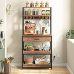 Tribesigns Kitchen Bakers Rack with Power Outlets, 5-Tier Microwave Oven Stand with Drawer and Sliding Shelves, Freestanding Coffee Bar, Kitchen Storage Shelf with 6 Hooks, Rustic Brown
