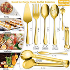 12 PCS Stainless Steel Serving Utensils, Large Spoons Slotted Spoons Forks Tongs, Ice Suger Tongs, Pie Server, Butter Knife, Coffee Spoons, Great for Buffet Catering Banquet Party, Gold