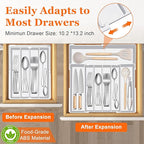 Silverware Organizer - Expandable Silverware Tray for Drawer, Adjustable Utensil Drawer Organizer for Forks, Knives, Kitchen Organizers and Storage, White