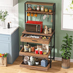 Tribesigns Kitchen Bakers Rack with Power Outlets, 5-Tier Microwave Oven Stand with Drawer and Sliding Shelves, Freestanding Coffee Bar, Kitchen Storage Shelf with 6 Hooks, Rustic Brown