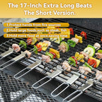Metal Skewers for Kabobs - 17" 10 Pack Kabob Skewers with Push Bar Double Pronged Anti-Roll Flat BBQ Skewer for Grilling Stainless Steel Reusable Kebab Skewer for Meat Shrimp Chicken Veggie