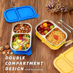 Stainless Steel Snack Containers with Silicone Lids - 2 Compartment Metal Bento Lunch Box, Leak-Proof Reusable Lunch Meal Prep Containers with 2 Forks for School, Office, Travel (Blue+Yellow, 2 Pack)