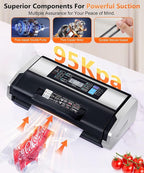 95kPa Vacuum Sealer Commercial Automatic Food Vacuum Sealer, 10-in-1 System, Auto Pop-Up Cover, Double Heat Seal, Easy-Lock Handle, Built-In Cutter with 1 Roll & 15 Bags, Black Silver