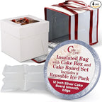 Cakebon Cake Box and Boards, 12-Inch Round Silver Smooth Edges 1/2- Inch Thick Drums with Insulated Bag and Ice Pack – Cake Transport Set, Cooler for Cake Delivery and Transport (1pc Each, 4pcs Total)