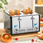 Roter Mond Countdown Stainless Steel 4 Slice Toaster with Bagel, Defrost, Cancel Function, Dual Toaster, Extra Wide Slots, 6 Shade Settings, Removable Crumb Trays, 1650W, Black